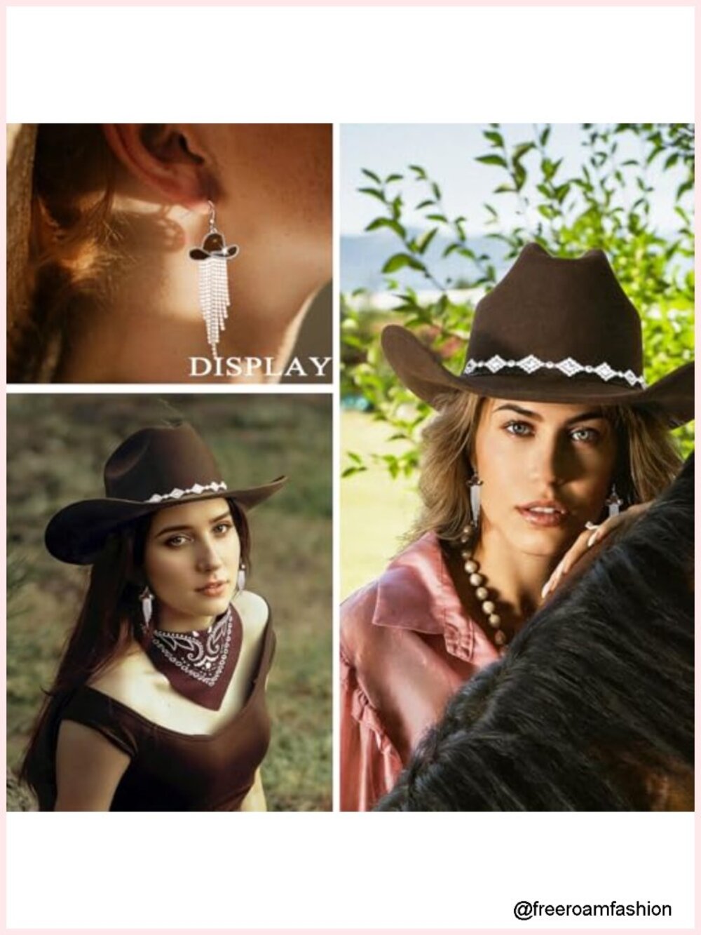 Western Cowgirl Hat Wide Brim Rhinestone Felt Cowboy Hat with Bandana and - Picture 5 of 6
